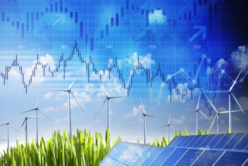 Grafik zeigt Windenergie- und Photovoltaik-Anlage und eine schwankende Preiskurve.