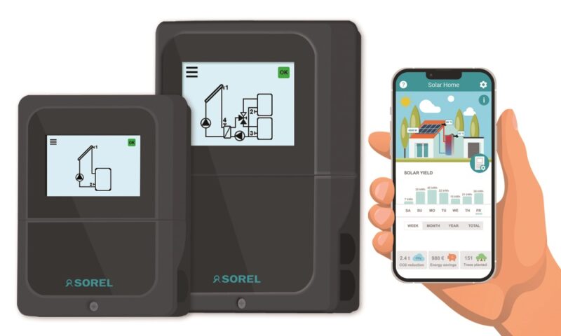 Die Solarthermie-Regler TDC Smart von Sorel mit Hand und App auf dem Handy.