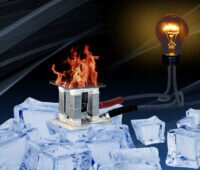 Versuchsaufbau: Thermoelektrischer Generatur auf Eiswürfeln unter einer Feuerschale