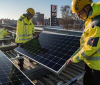 Arbeiter installieren Solarmodule auf einem Tankstellendach.