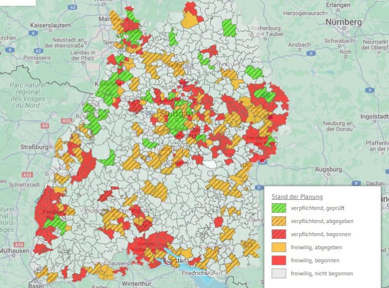 Im Bild eine Karte die zeigt, welche Kommunen die Freiwillige kommunale Wärmeplanung in Baden-Württemberg in Angriff genommen haben.