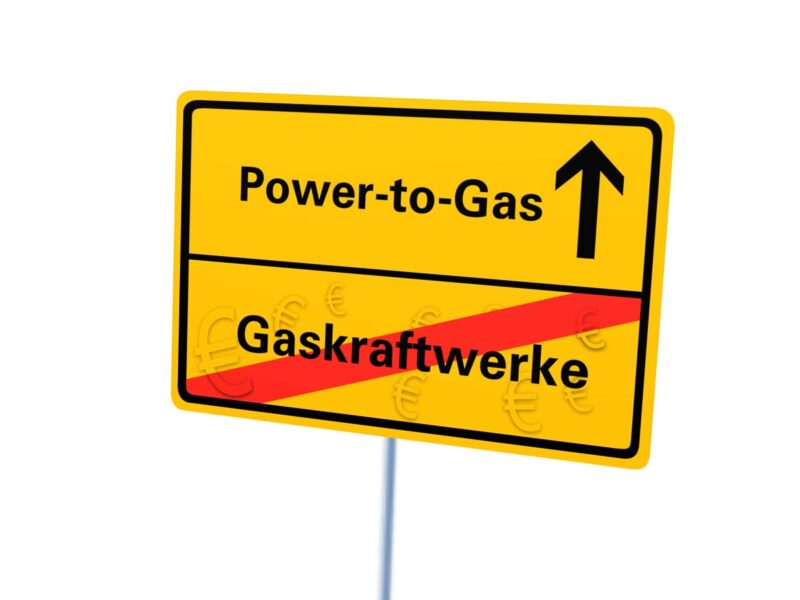 Das Bild zeigt ein Autoverkehrs-Stopschild für Gaskraftwerke und freie Fahrt für Power-to-Gas