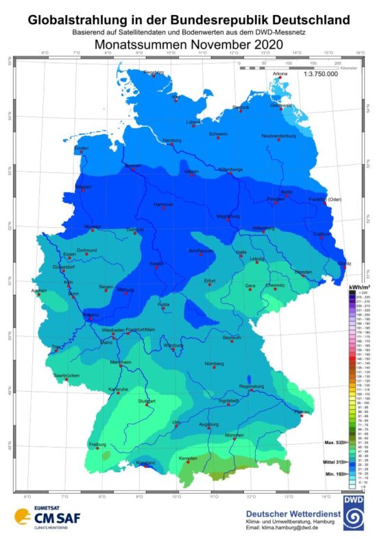 Eine Deutschland-Karte mit Zonen unterschiedlicher Sonneneinstrahlung