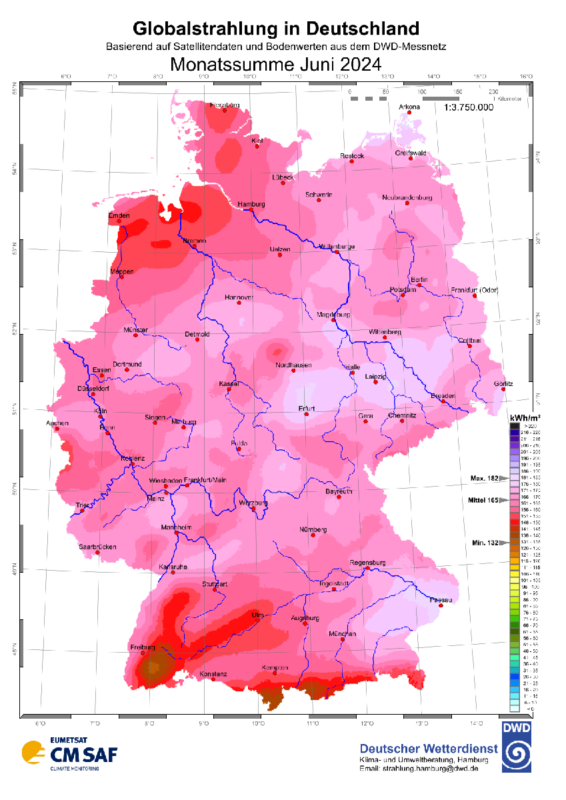Farbige Karte von Deutschland mit Daten zur Sonneneinstrahlung
