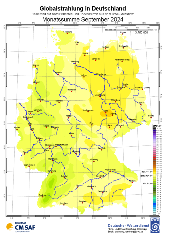 Karte von Deutschland zeigt Solarstrahlung im September 2024