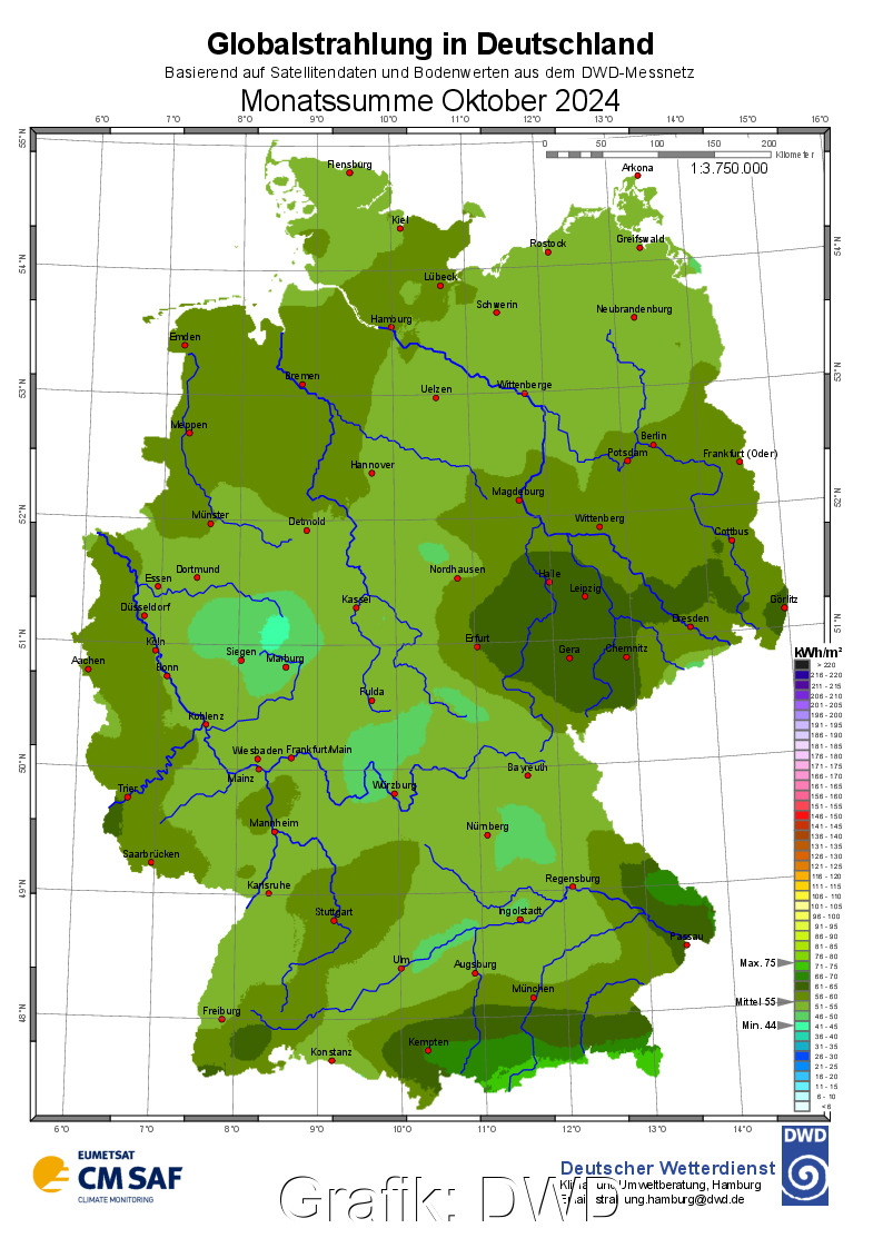 Karte von Deutschland zeigt Solarstrahlung im Oktober 2024.