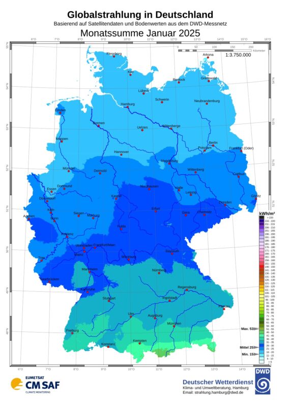 Deutschlandkarte mit Zonen unterschiedlicher Solareinstrahlung