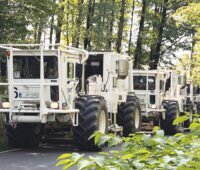 Eine Kolonne von Seismotrucks auf einem asphaltierten Waldweg