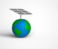 Solar-PV-Tracker auf Weltkugel als Grafik dargestellt - Symbol für Solarenergie weltweit