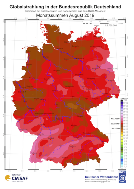 Strahlungskarte: Globalstrahlung in der Bundesrepublik Deutschland, Monatssummen August 2019