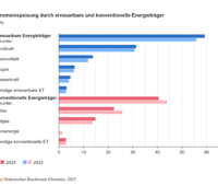 Grafik zeigt Anteile der Energien an der Stromerzeugung in Deutschland 2023 und 2024.