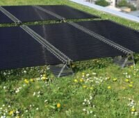 Eine Solaranlage mit röhrenförmigen Modulen auf einem begrünten Dach.
